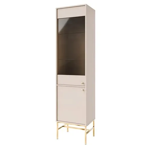 Masseno Glasvitrine Torino Standvitrine, Wohnzimmer Vitrine, Modern Vitrinenschrank, 51,8x40,8x207,5cm, Beige
