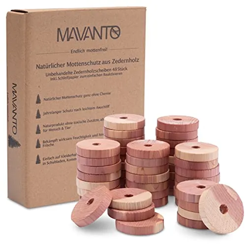 MAVANTO 48x Effektiver Zedernholz Mottenschutz für Kleiderschrank & Kleiderbügel - 100% natürliche Mottenfalle - inkl. GRATIS Schleifpapier