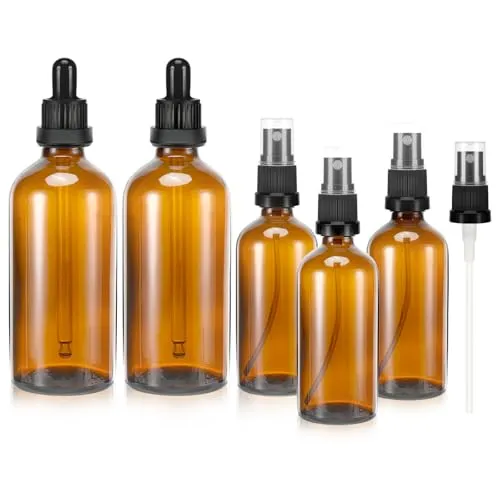 Zikenis 5-teilige Braun Zerstäuber Sprühflasche, 2x100ml 3x50ml mit UV-Schutz, Austauschbare Tropfer und Sprühspitzen, Starke Abdichtung, Tragbar, Reusable, Glas, Braun