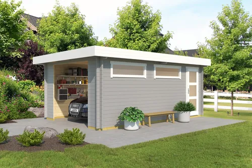 Lasita Garage Pultdach Canberra 44 mm ohne Tor grau - Robuste Garage aus Holz mit 18,66 m² Nutzfläche und 2 Einzelfenstern. Ideal für Garten und als Geräteschuppen. Abschließbar und langlebig für optimalen Schutz.