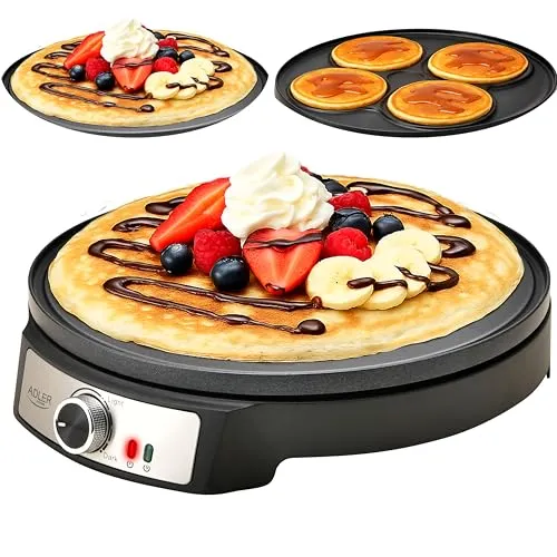 Adler Crêpe Maker [Ø 30cm] elektrisch mit Teigverteiler & Wender | Pfannkuchen Maker Platte mit Antihaftbeschichtung + stufenloser Temperaturregelung | 1600W Pancake Maker mit Edelstahlgehäuse