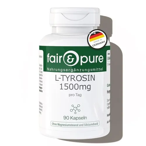 Fair & Pure L-Tyrosin 1500mg pro Tag, 90 Kapseln, hochdosiert, Nahrungsergänzungsmittel vegan ohne Magnesiumstearat, in Deutschland hergestellt