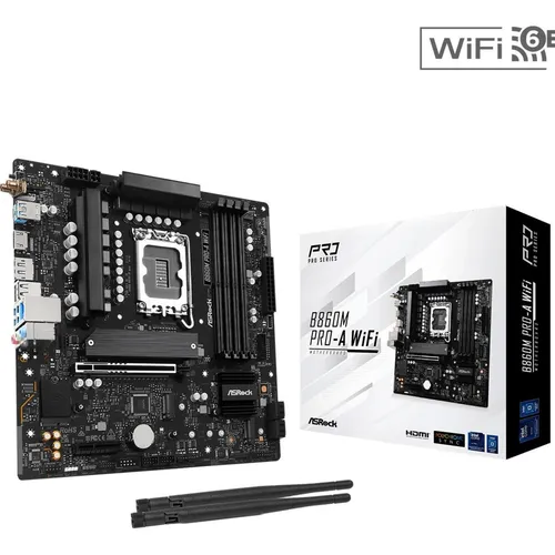 ASRock B860M Pro-A WiFi - Micro ATX Motherboard - Mainboard mit LGA1851-Sockel und B860 Chipsatz, bietet schnelle USB-C 3.2 Gen 2x2 Anschlüsse und 2.5 Gigabit LAN für optimale Performance.