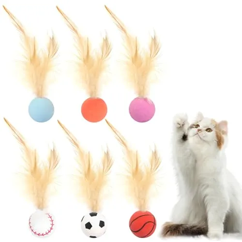 prota 6 Stück Katzenspielzeug Federn Katzenball Hüpfender Katzenball Mit Feder, Geräuschlos Katzenspielzeug Ball Hohe Elastizität Federspielzeug, Bälle Mit Feder für Katzen Im Haus