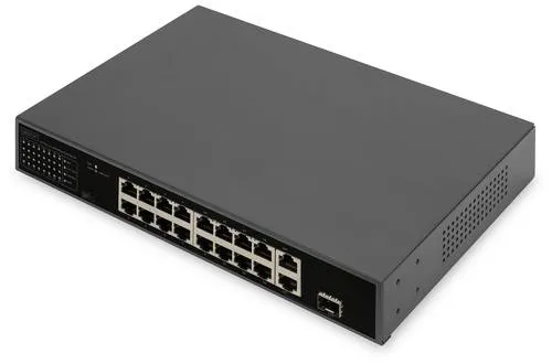 DIGITUS 18 Port Fast Ethernet PoE-Netzwerk-Switch - 16x 100 Mbps RJ45 + 1x Gbps Kombi + 1x SFP-Port, 185W PoE Budget für effiziente Stromversorgung und einfache Installation
