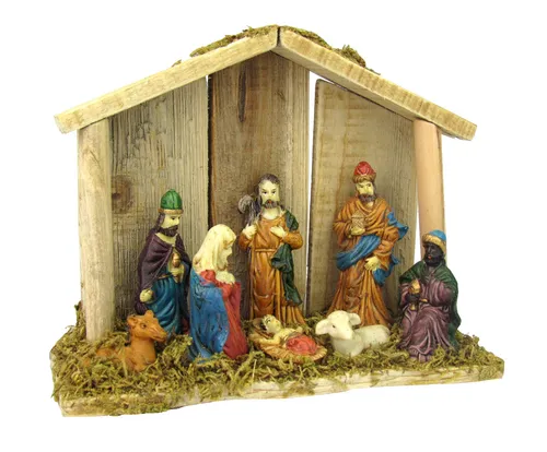 Krippe XXL aus Holz, incl. Figuren, mit Moos verziert, 20x16x6,5cm