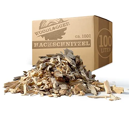 Woodlogger Hackschnitzel aus Kiefer 100 L | Holzhackschnitzel als Rindenmulch-Ersatz für den Garten | Verwendbar als Einstreu, Brennmaterial, Anzünder, Deko, Mulch & Fallschutz für den Spielplatz