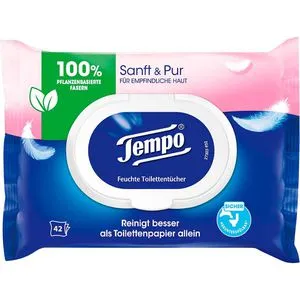 Tempo Toilettenpapier sanft und pur, Feuchte Toilettentücher, 42 Tücher