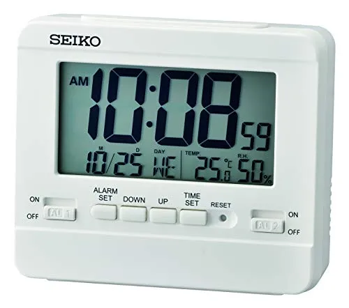 Seiko QHL086W Uhr, Weiß, Standard - Wecker in modernem Design, mit Piep-Alarm, Schlummerfunktion und automatischer Alarm-Stopp-Funktion für einen entspannten Start in den Tag.