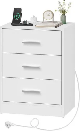 Woltu Nachttisch mit Ladefunktion und 3 Schubladen - Moderner Nachttisch in Weiß/Schwarz mit integrierter Ladefunktion. 2 Steckdosen und 1 USB-Anschluss für bequemes Laden direkt am Bett. 3 geräumige Schubladen bieten Platz für Ihre Essentials.