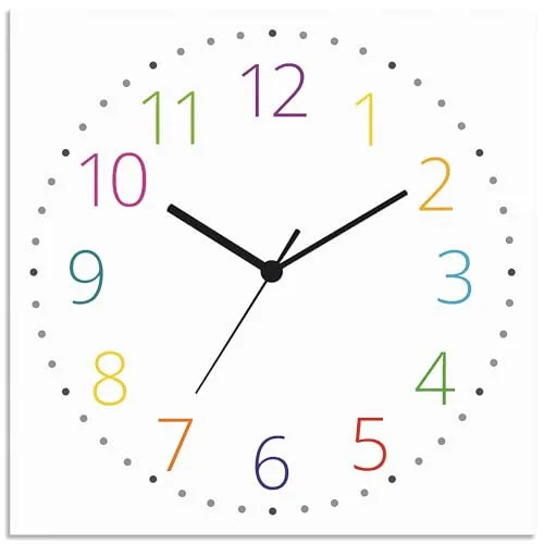 ARTLAND Wanddeko Wanduhr ohne Tickgeräusche aus Alu Kinderuhr Quarz Uhr lautlos 30x30 cm Lernuhr Kinder Comic Design Uhrzeit Lernen Junge Mädchen Bunt U1LT