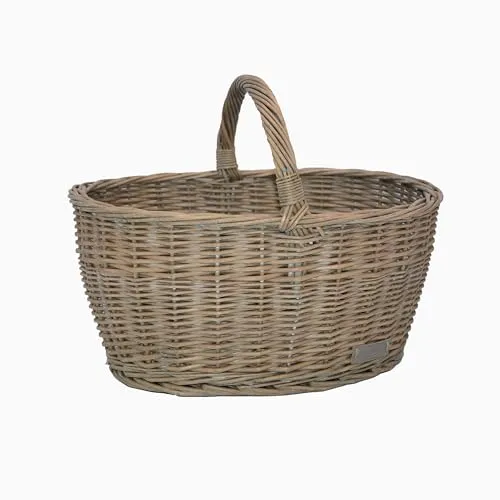 Einkaufskorb Weide oval Groß grau mit Griff - Einkaufskorb aus Weide, stabil und vielseitig einsetzbar für Einkäufe, Picknicks oder als stilvolle Aufbewahrungslösung.
