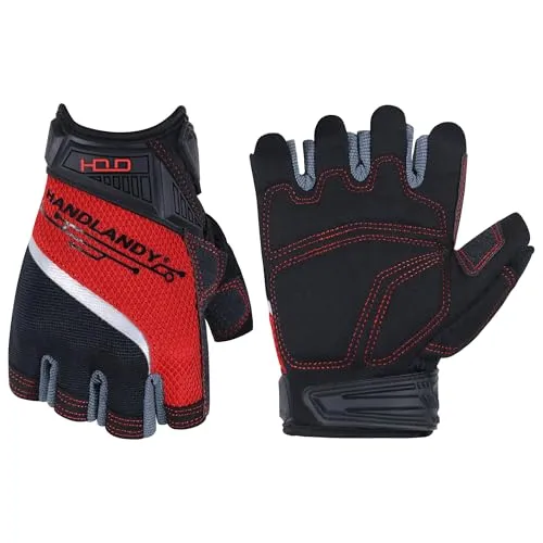 HANDLANDY Fingerlose Arbeitshandschuhe für Männer und Frauen, Arbeitshandschuhe mit offener Fingerfertigkeit für Zimmerleute, für Mechaniker, Bauarbeiter, Tischler, Autofahrer (Rot, M)