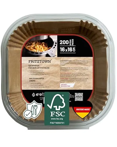 FRITZTOWN Air Fryer Paper | Antihaft Backpapier für Heißluftfritteusen, Mikrowelle & Backofen | Hitzebeständig & Fettdicht (200 Blatt, 16x16 cm Quadratisch)