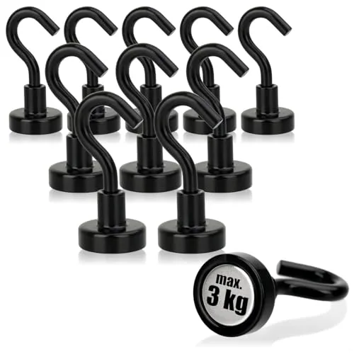 com-four® 10x Neodym Magnethaken 3 kg - starker Werkstatt-Magnet mit Haken 38 x 15 mm - für Küche, Badezimmer, Garage oder Büro - Kleiderhaken mit Neodym-Magnet