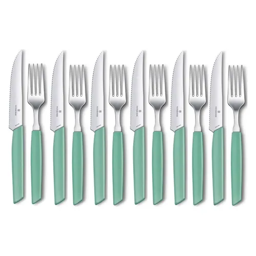 Victorinox Swiss Modern Besteck-Set (Steakmesser), 12-teilig, mint - Elegantes 12-teiliges Tafelbesteck in mintgrün aus hochwertigem Edelstahl. Ideal für stilvolle Dinner-Events und den täglichen Gebrauch.
