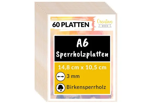 Creative Deco Bastelnaturmaterial Sperrholzplatte 3mm - Bastelzubehör: 60-tlg. Birkensperrholz-Zuschnitte, ideal für Laubsäge, Brandmalerei und Laserschnitt. Abgerundete Kanten für zusätzliche Sicherheit.