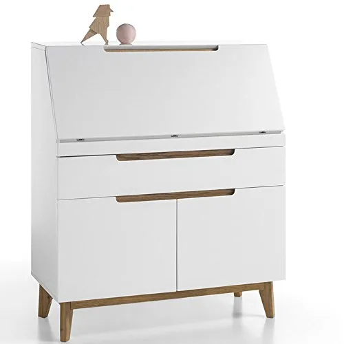 Sekretär Cervo - Moderner Schreibtisch in Weiß und Asteiche - Kommode in modernem Design, mit massiven Eichenbeinen für Stabilität und Langlebigkeit. Ideal für Büro oder Home Office, Maße: 97/113/40 cm.