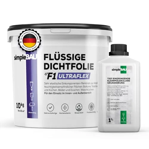 simpleBAU Flüssigfolie Dichtfolie F1 Ultraflex 10 KG, Gebrauchsfertig Dichtmasse Wasserdicht + 1L Tiefengrund gebrauchsfertig - Dichte Einkomponentige Dichtungsmasse für Außen und Innen