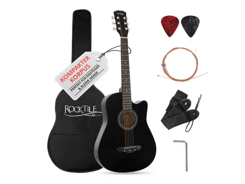 Rocktile WSD-5C-BK Slim Line Westerngitarren Set - Dreadnought Akustik Gitarre mit Linde Korpus, ideal für Anfänger und komfortables Spielen für kleine Hände, inkl. Tasche und Zubehör