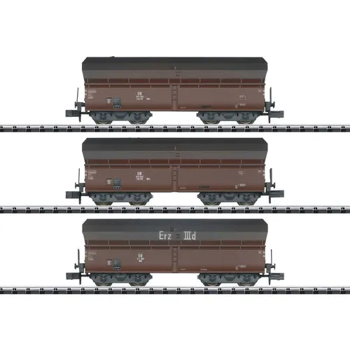 MiniTrix 18269 N 3er-Set Selbstentladewagen Kokstransport - Modelleisenbahn-Wagen im 1960er Jahre DB-Stil, ideal für den Koks-Transport mit realistischen Details und Kurzkupplungs-Kinematik.