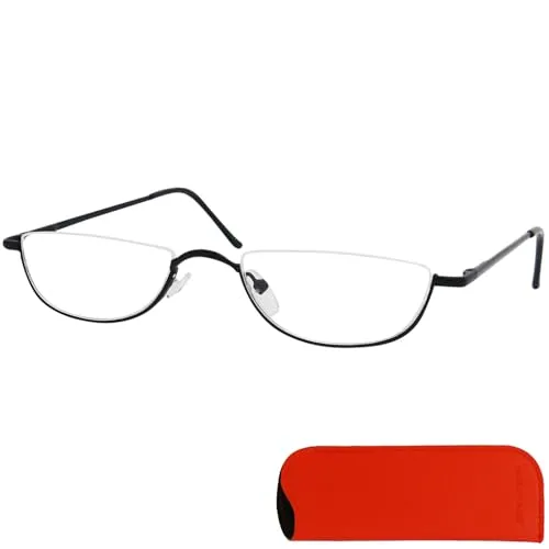 Mini Brille Halb Rund Metall Lesebrille Halbbrille, Gratis Etui und Brillenputztuch, Edelstahl Rahmen (Schwarz) mit Federscharnier, Lesehilfe Damen und Herren +1.0 Dioptrien