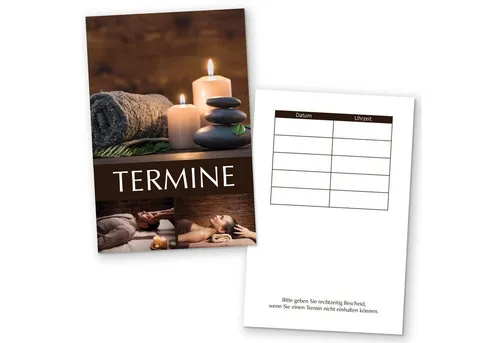 cosmeticPlus Terminplaner Terminkarten für Wellness & Massage - Praktische Terminkarten für bis zu 10 Termine. Ideal für Wellness- und Massageanwendungen, um Kunden eine ansprechende Erinnerung zu bieten. Platz für Stempel und Notizen.