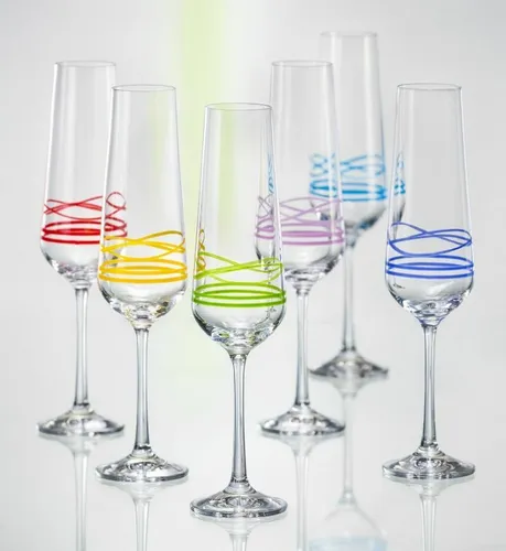Sektgläser Wave Kristallglas 200 ml - Handbemalt 6er Set - Gläser & Glaswaren, handbemalte Sektgläser aus Kristallglas, ideal für festliche Anlässe, einzigartiges abstraktes Design in Mehrfarbig, nicht spülmaschinenfest.