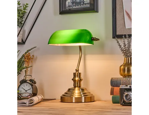 hofstein Tischleuchte - Vintage Bankerlampe aus Metall/Glas in Messing/Grün/Weiß - Nachttischleuchte im klassischen Vintage-Design, ideal für Büros und Arbeitszimmer. Mit Zugnschnur und austauschbarem E27-Leuchtmittel.
