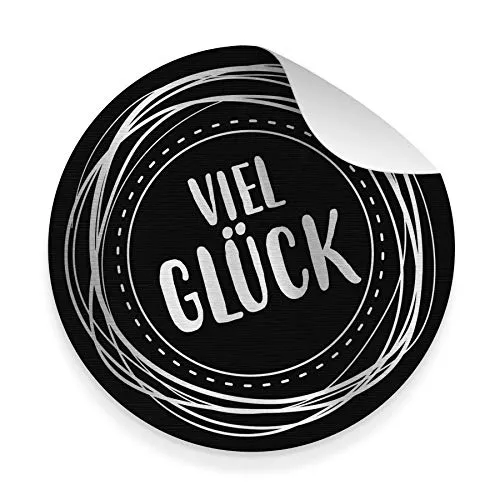 itenga 10x Aufkleber Sticker aus Strukturpapier Geschenkaufkleber zum Basteln rund 9,5 cm (Viel Glück (Schwarz/Silber))