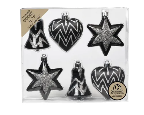 MAGIC by Inge Christbaumschmuck, Weihnachtskugeln Formen dekoriert Kunststoff 9cm 6er Set Schwarz Mix