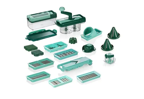 Genius Nicer Dicer Fusion Gemüseschneider - Gemüseschneider mit 28 Teilen – vielseitig, platzsparend und ideal zum Zerkleinern von Obst und Gemüse in verschiedenen Formen. Perfekt für kreative Küchenideen!