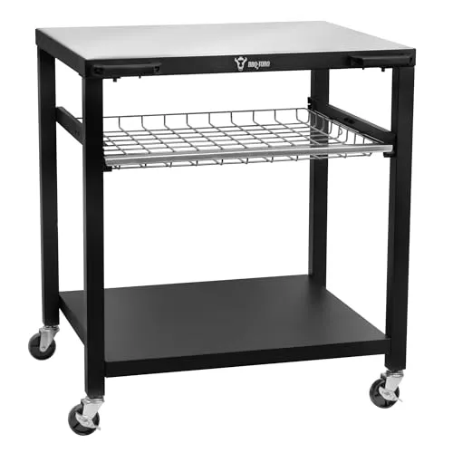 BBQ-Toro Grillwagen – Schwarz mit großer Edelstahl Arbeitsfläche - Grillwagen für die Outdoor-Küche mit 76 x 61 cm Ablagefläche und praktischen Haken für Grillzubehör. Robuste Edelstahl-Arbeitsfläche und mobil dank vier Rädern.