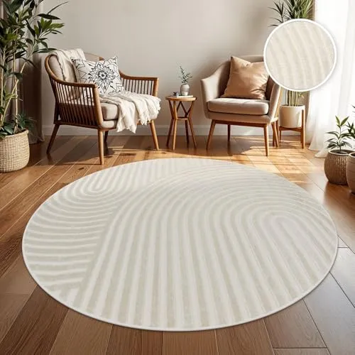 TT Home In-& Outdoorteppich Wetterfest Balkon Schlafzimmer Boho Skandi Motiv Unifarben Geometrische Optik Moderner Style, Farbe:Beige Creme, Größe:120 cm Rund