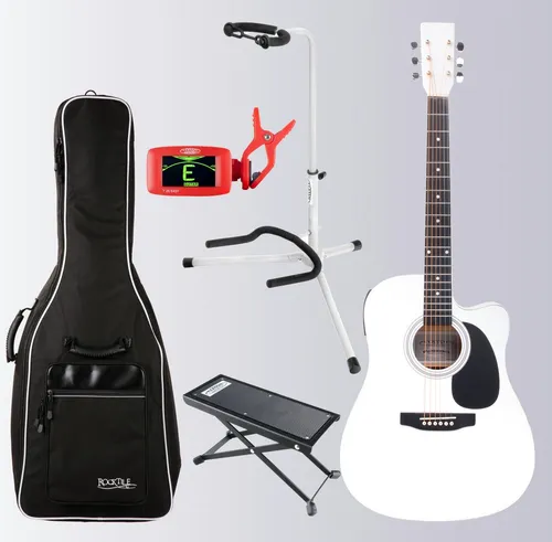 Classic Cantabile WS-10WH-CE Westerngitarre mit Tonabnehmer Set - Dreadnought-Gitarre in Weiß, integrierter Tonabnehmer mit 3-Band-EQ und Sparset inklusive Gigbag, Stimmgerät und mehr – ideal für Einsteiger und Fortgeschrittene.