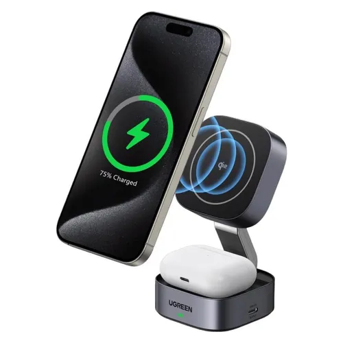 UGREEN MagFlow Qi2 - 15W 2 in 1 Ladestation mit MagSafe, faltbar und ideal für iPhone 12-16 und AirPods, flexibles Design und sicherer Schutz