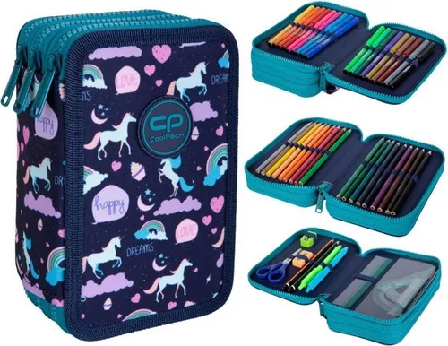 Jumper 3 Unicorn Coolpack Federmäppchen - Praktisches 3-Zipper-Federmäppchen mit 44 hochwertigen Schreibutensilien, wasserabweisend und ideal für Schule und Freizeit. Ordnung und Übersicht für jeden Schüler!