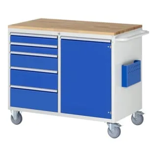 Rau Werkstattwagen Serie 7000 - Robuster Montagewagen mit 450 kg Tragkraft, ausgestattet mit 1 Schrank und 5 Schüben, ideal für Werkstätten. Made in Germany, mit pulverbeschichteter Stahlblech-Konstruktion und Buchen-Massiv-Arbeitsplatte.