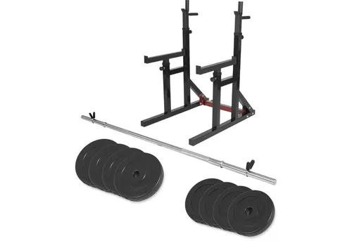 GORILLA SPORTS Kraftstation Squat Rack mit Hantelset - Verstellbarer Langhantelständer - Fitness-Station für Dein Home Gym: Inklusive Langhantelset und verstellbaren Ablagen für individuelle Trainingsbedürfnisse. Belastbar bis 300 kg für intensives Workout!