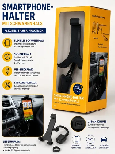 Auto Kfz Smartphone Halter mit Schwanenhals und USB Steckplatz