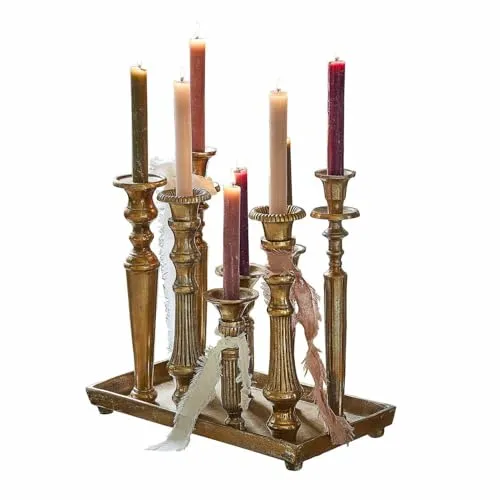 Loberon Kerzentablett Chavelot, Platz für acht Stabkerzen, Raum für zusätzliche Dekorationen, Kerzenständer, Aluminiumguss, Champagner