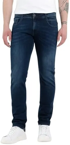 Replay Herren M914 Anbass Power Stretch Jeans, Dark Blue 007 - Jeans mit Power Stretch für perfekten Komfort und Passform, ideal für lässige Outfits. Mit 5 praktischen Taschen und Slim Fit Schnitt.
