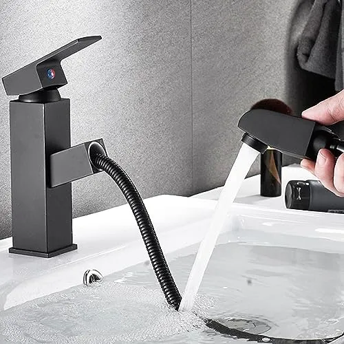 Schwarzer Wasserhahn Bad Ausziehbar aus Edelstahl - Touch-On-Wasserhahn für Badezimmerwaschbecken mit ausziehbarer Sprühfunktion, langlebig und rostfrei – ideal für modernes Badezimmerdesign.