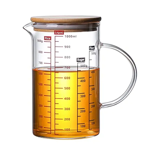 ZNZNANG Multifunktions-Messbecher aus Glas, V-förmiger Ausguss und drei Skalen, mit Griff und Bambusdeckel, Glasbecher für Küche oder Restaurant (1000 ml)