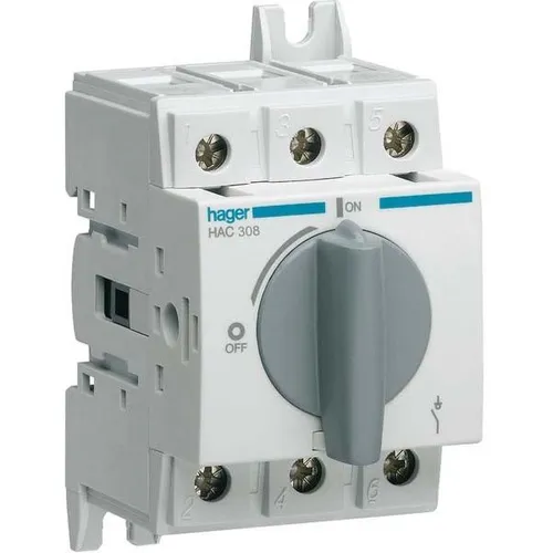 Hager HAC310 Lasttrennschalter 3P 100A - Lasttrennschalter für Hutschiene oder Montageplatte, ermöglicht sicheres Ein- und Ausschalten unter Last mit Verriegelungsfunktion und hoher Schaltleistung bis 65 kW.
