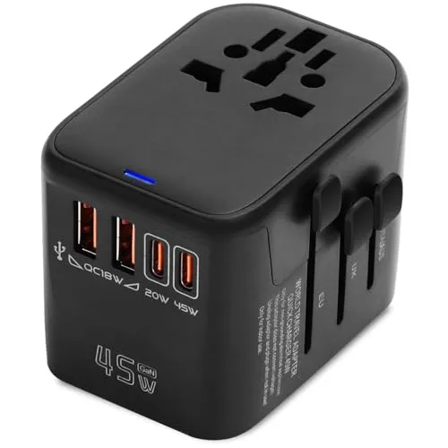 Great Jacob 45W Reiseadapter Weltweit, Fast Charge Internationaler Steckdosenadapter, Travel Adapter mit UK/USA/EU/AUS-Stecker, Universal Reisestecker mit 2 USB(QC 18W) & 2 USB C(PD 45W&PD 20W)