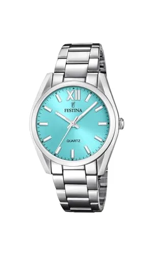 Festina Damen Analog Quarz Uhr F20622/D mit Edelstahl Armband - Elegante Armbanduhr für Damen aus Edelstahl, mit türkisem Ziffernblatt und römischen Ziffern. Wasserdicht bis 5 bar, ideal für den Alltag und stilvolle Anlässe.