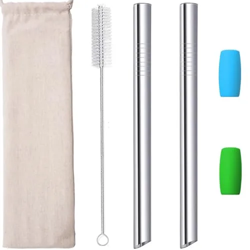 Bubble Tea Strohhalme Edelstahl Strohhalm Wiederverwendbar Boba Straw Metall Spitz Smoothie Tapioka Perle Milchshake Jumbo Blasentee Strohhalme Dicke 12mm Breit mit Silikonspitzen Bürste Silber 2pcs
