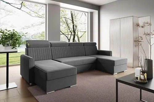 LIKMA Graphit Ecksofa Neli U-Form mit Schlaffunktion - Sofas & Couches: Modernes Ecksofa mit Bettkasten, verstellbaren Kopfstützen und Easy Clean-Oberfläche für einfache Reinigung und maximalen Komfort.