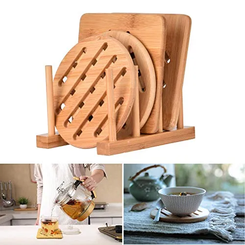 Cozywind Topfuntersetzer Untersetzer aus Bambus-Holz 4er Topf Untersetzer Hitzebeständig Pfannenuntersetzer-Set mit Abtropfgestell für Küche Schüssel Töpfe und Pfannen (15cm)